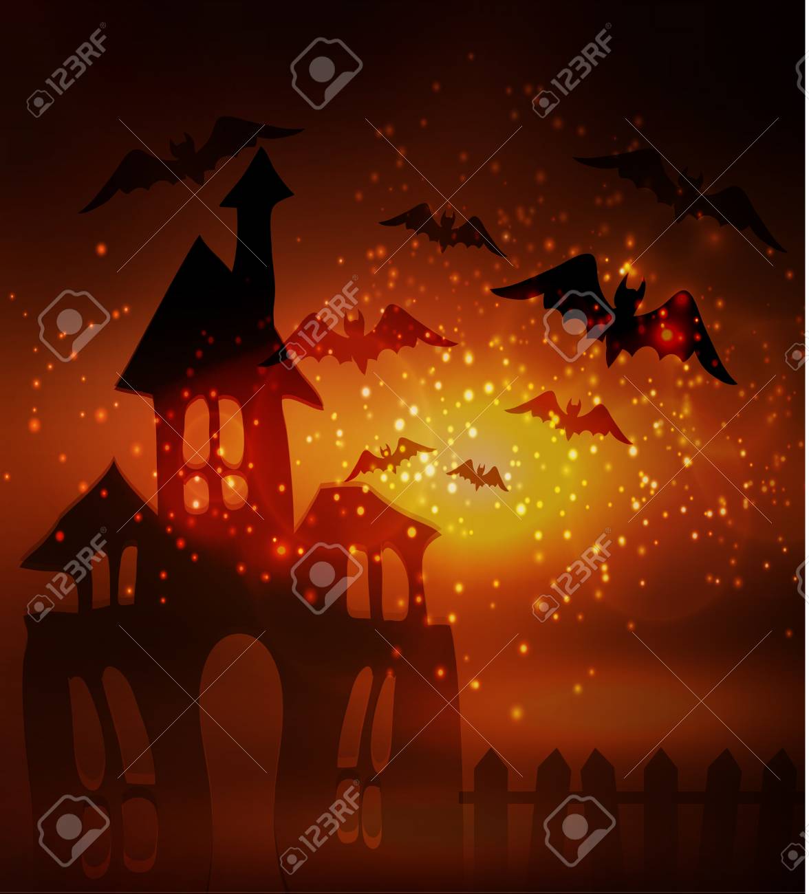 ハロウィンお化け屋敷コウモリとフェンスのイラスト素材 ベクタ Image