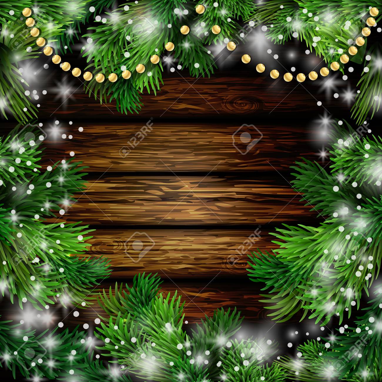 クリスマス ガーランドと雪のクリスマス新年デザインの木製の背景 ベクトル イラスト クリスマス ツリーのイラスト素材 ベクタ Image