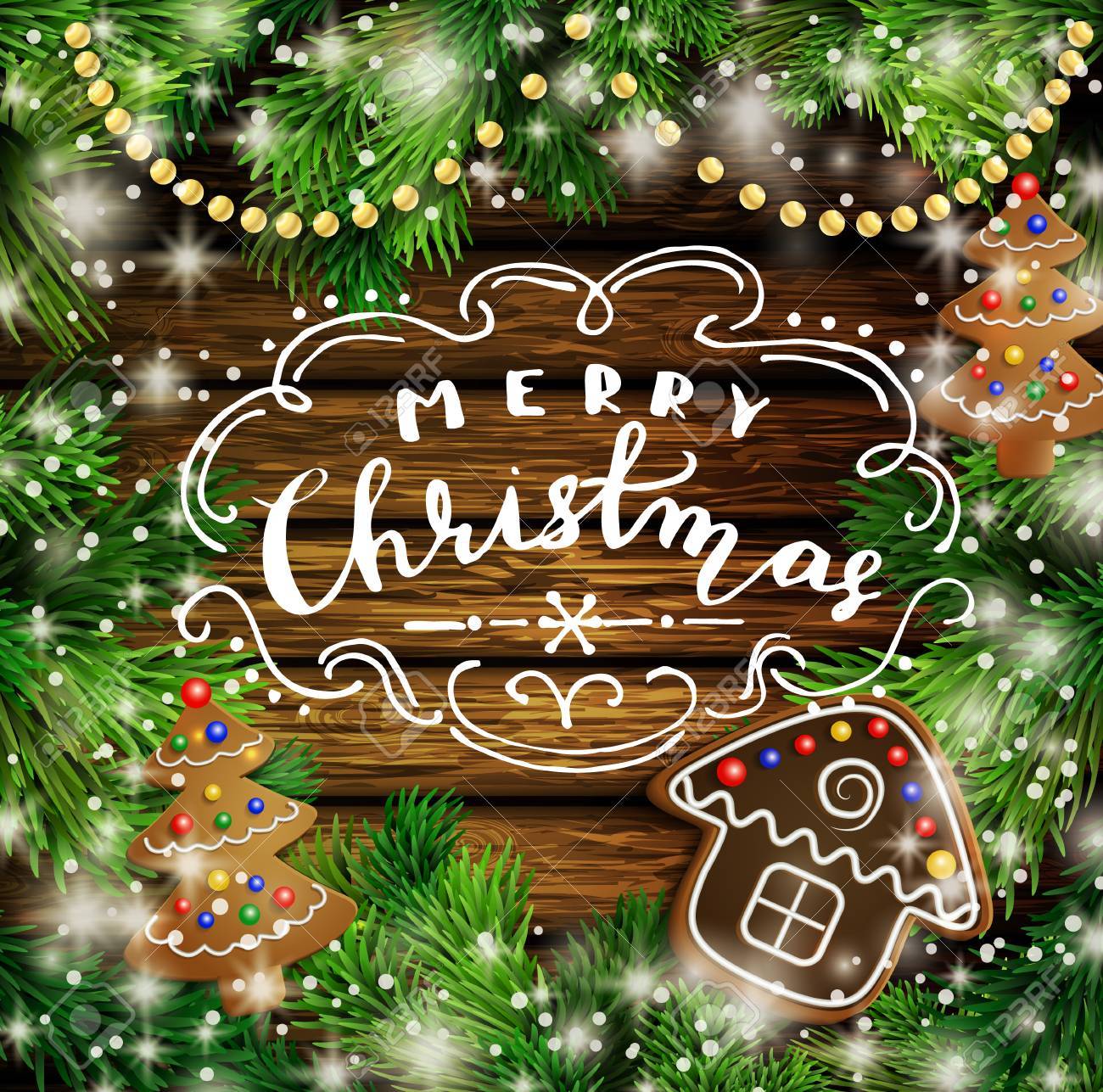 クリスマス クリスマス正月デザインの木製の背景には ガーランドとジンジャーブレッドの木と家が点灯します ベクトル図 手書きのメリー クリスマス クリスマス ツリーのイラスト素材 ベクタ Image