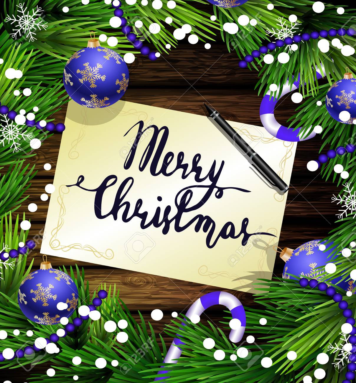 クリスマスの装飾とクリスマス正月デザインの木製の背景はキャンディー杖雪と手書きのメリー クリスマスと青ペンをフレームに配置されたボールです のイラスト素材 ベクタ Image