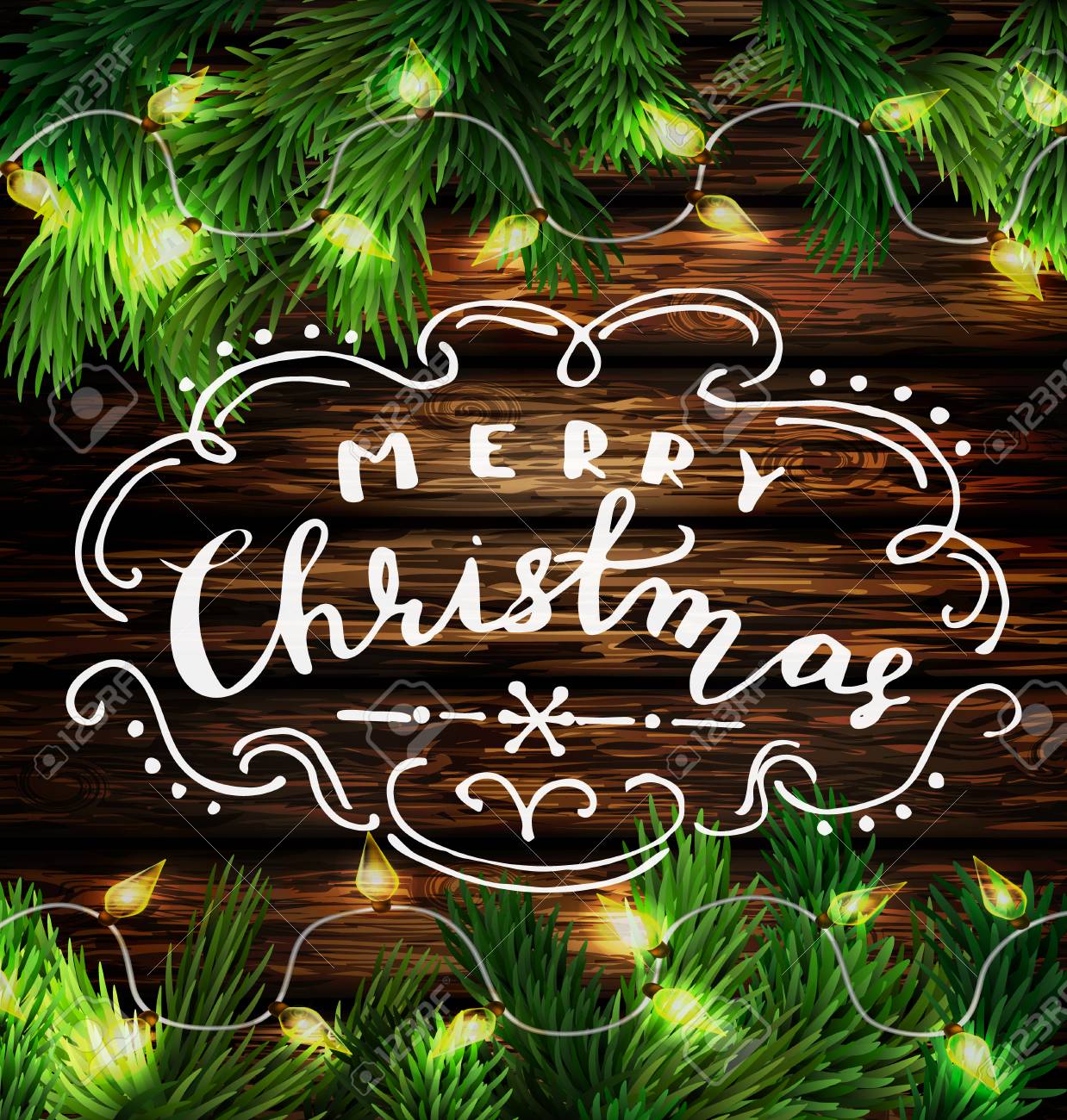 クリスマスとクリスマス正月デザインの木製の背景ライト ガーランドと手書きのメリー クリスマス ベクトル図のイラスト素材 ベクタ Image