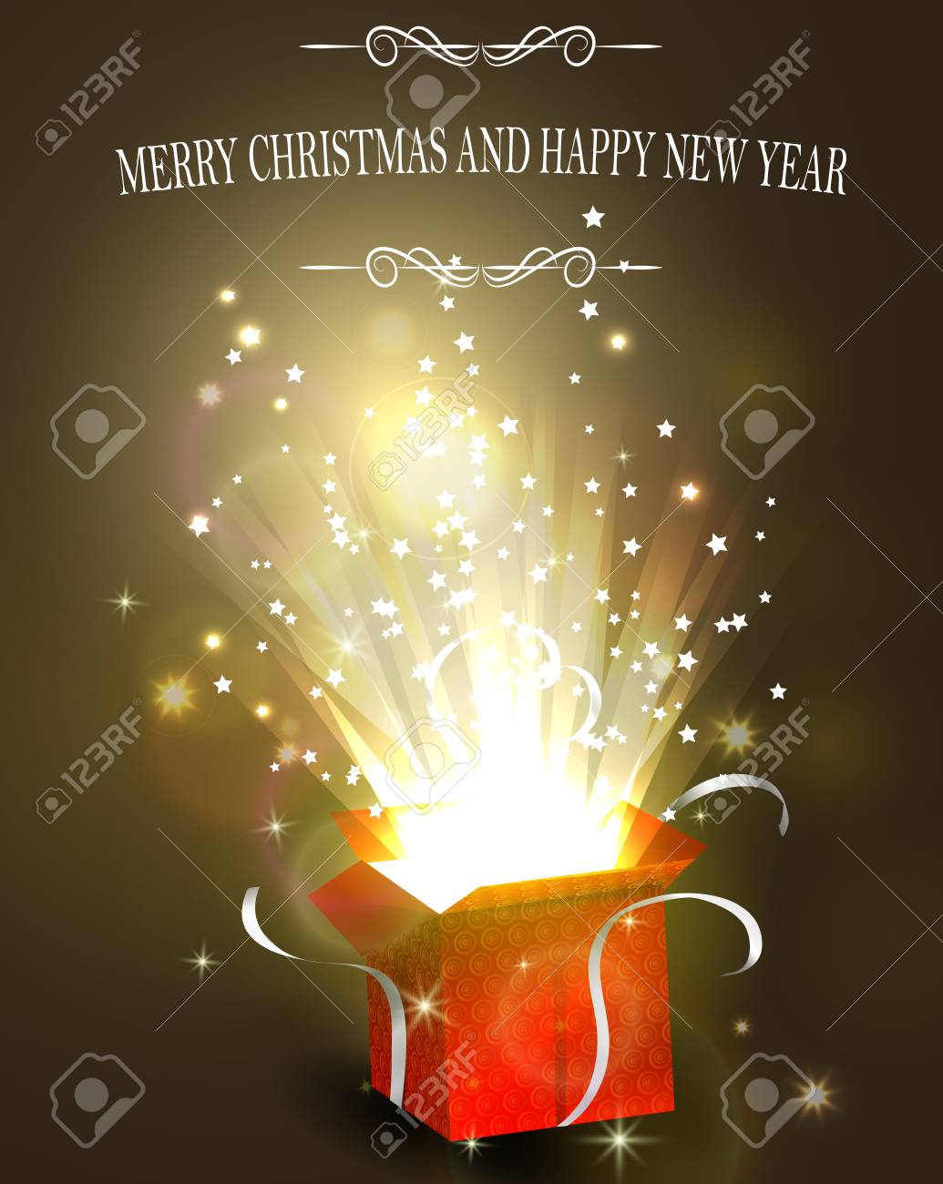 クリスマスの背景には星と紙吹雪と花火と赤いボックスを開くのイラスト素材 ベクタ Image