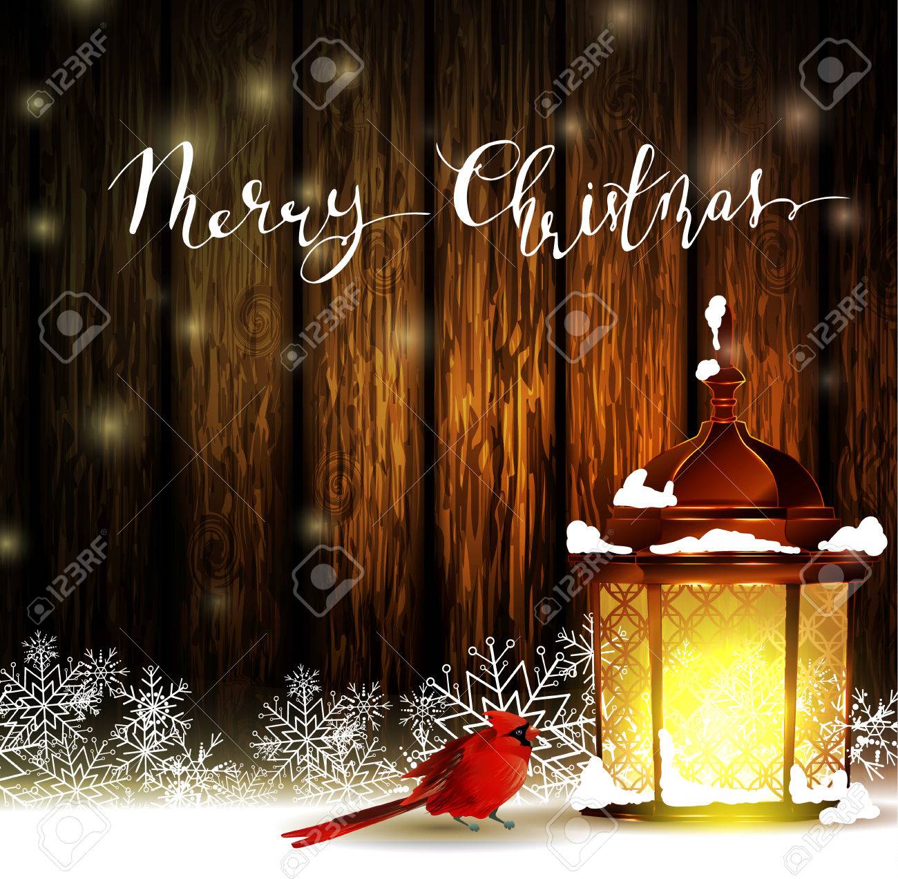 Vintage Fond En Bois De Noël Avec La Neige Et Snowflackes Debout éclairage Public Oiseau Rouge Cardinal Et Manuscrite Vecteur Joyeux Noël