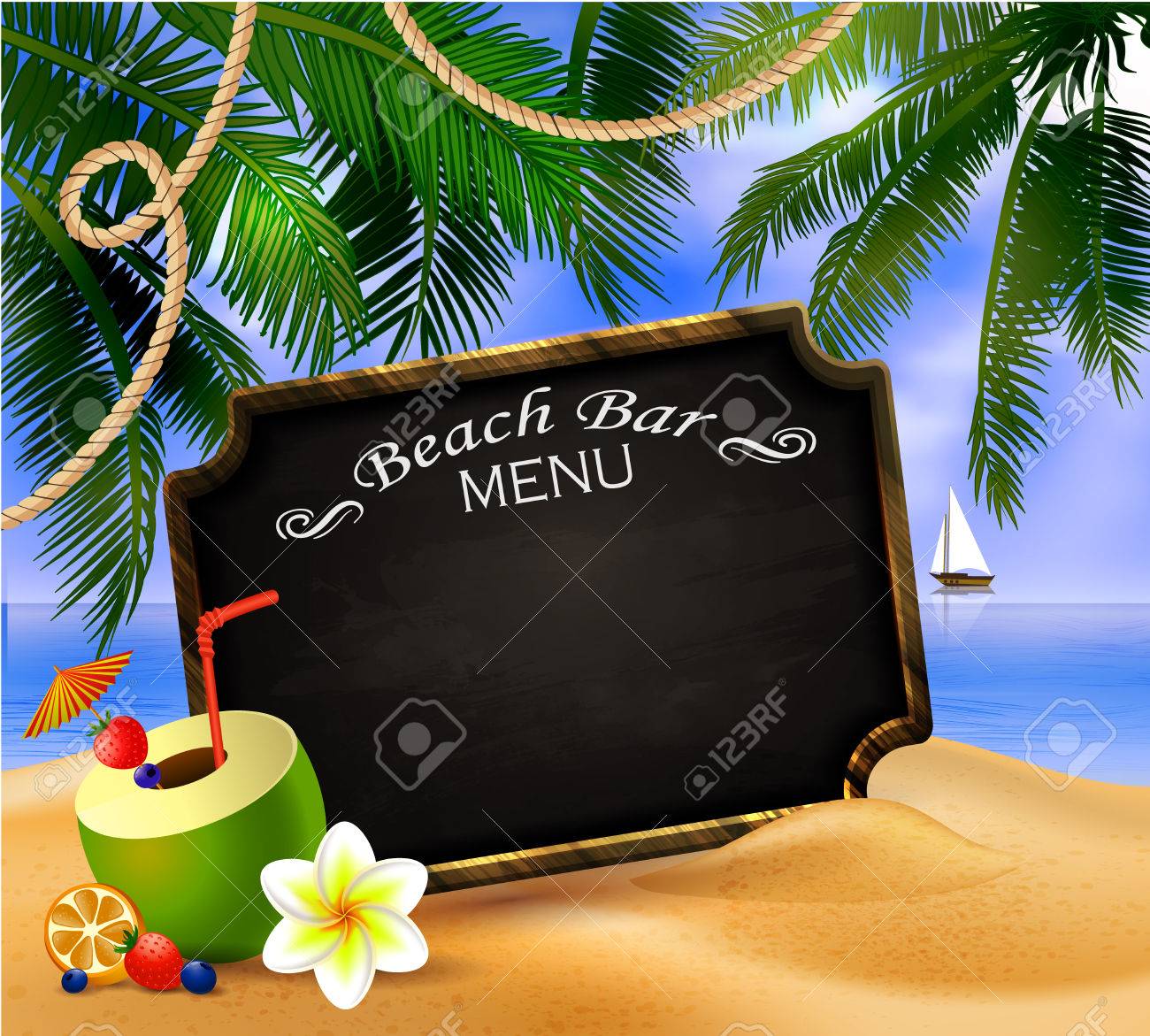 Tropical Vector Background With Leaves Of Palm Trees Summer Sky