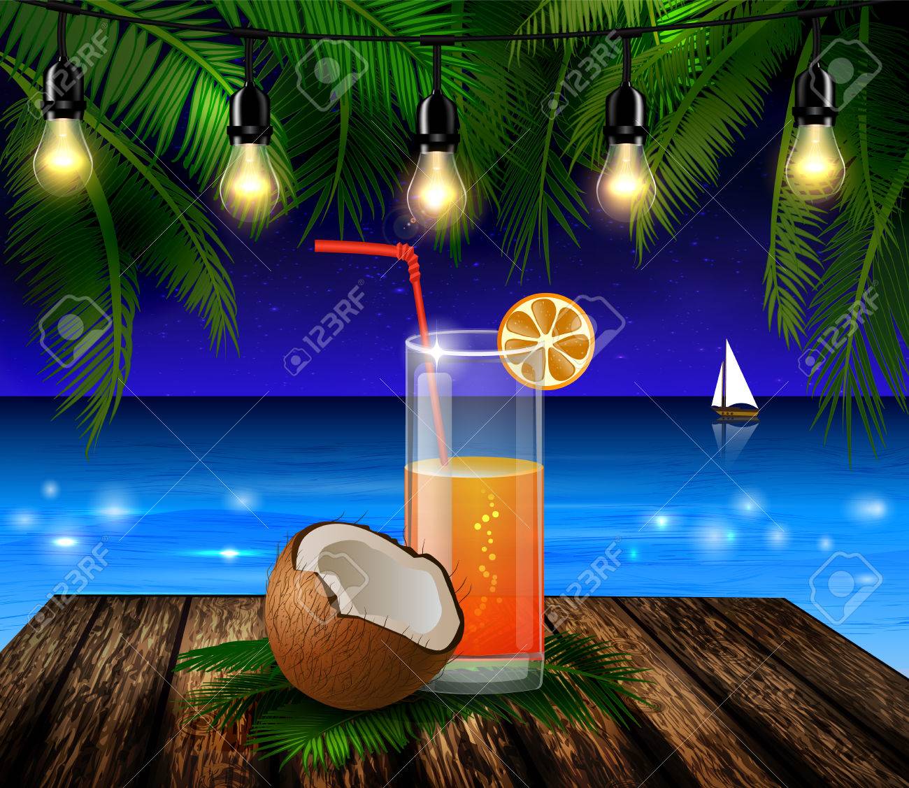 カットとココナッツの熱帯ナット果実ベクトル熱帯のヤシの葉でビーチの背景のイラストとウッドデッキにオレンジ ジュースのグラスのイラスト素材 ベクタ Image