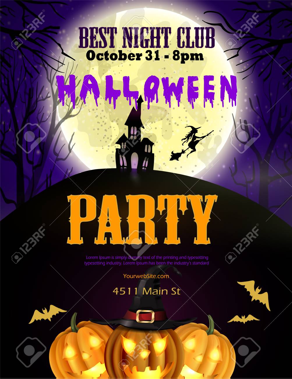 halloween party flyer with pumpkins hat bats witch and house hat party flyer