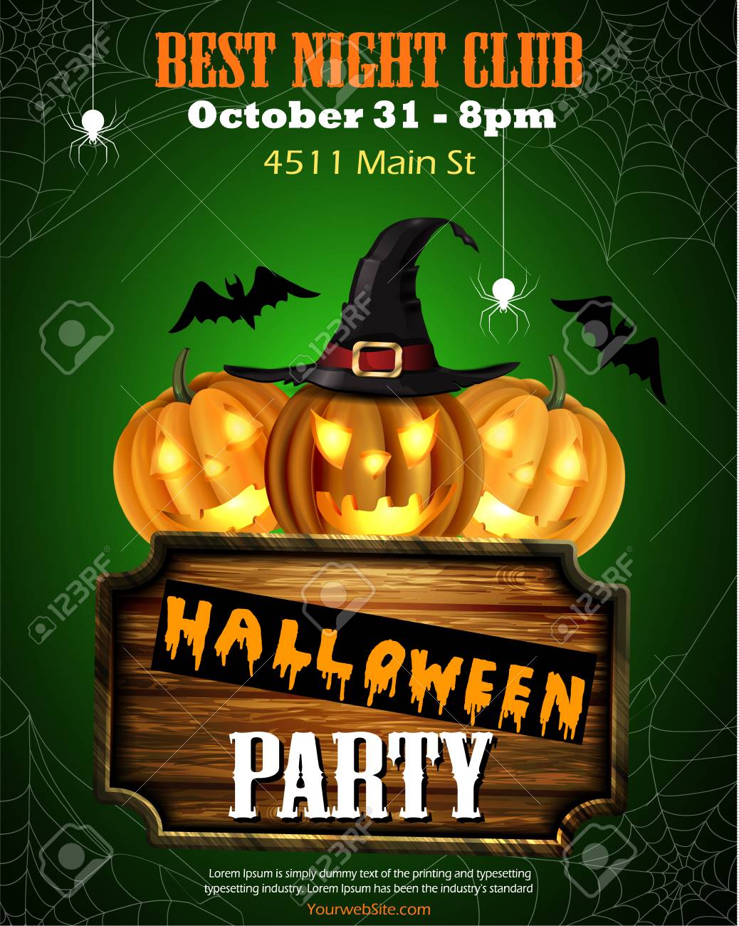 halloween party flyer with pumpkins hat bats spiders and wooden hat party flyer