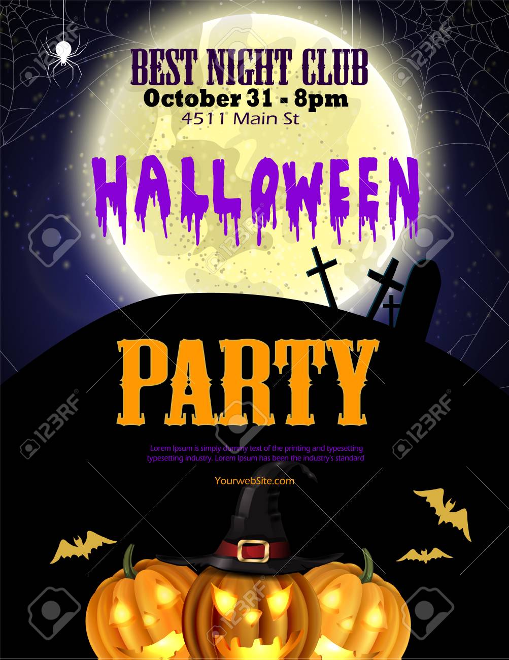halloween party flyer with pumpkins hat bats witch and cemetery hat party flyer