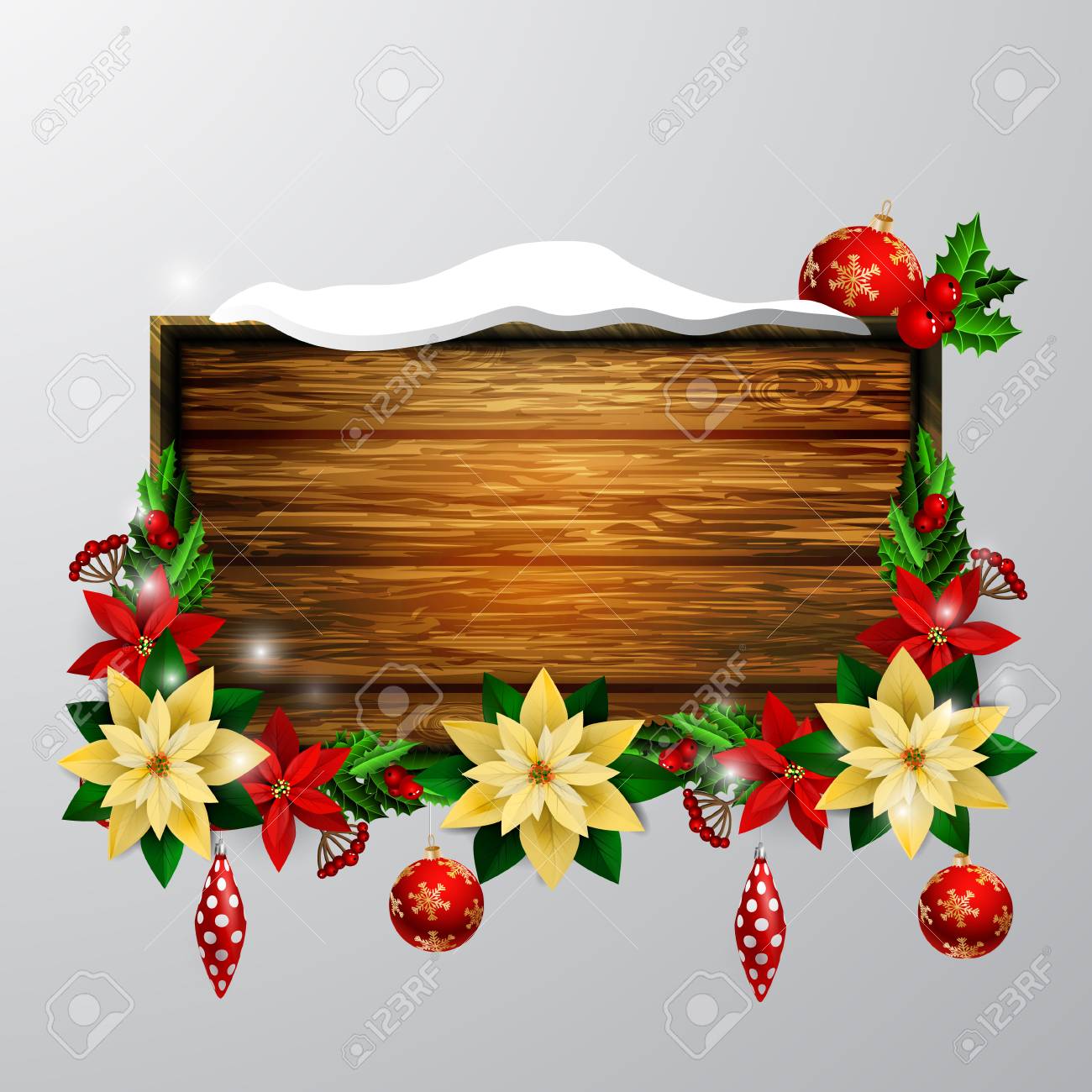 クリスマス ツリーや装飾品の木製のクリスマス メッセージ ボードのベクトルのリアルなイラスト のイラスト素材 ベクタ Image クリスマス ツリーや装飾品の木製のクリスマス メッセージ ボードのベクトルのリアルなイラスト のイラスト素材 ベクタ Image