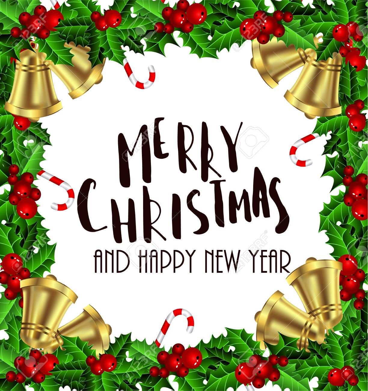 holly christmas frame with candy cane and bells handwritten merry merry christmas frame