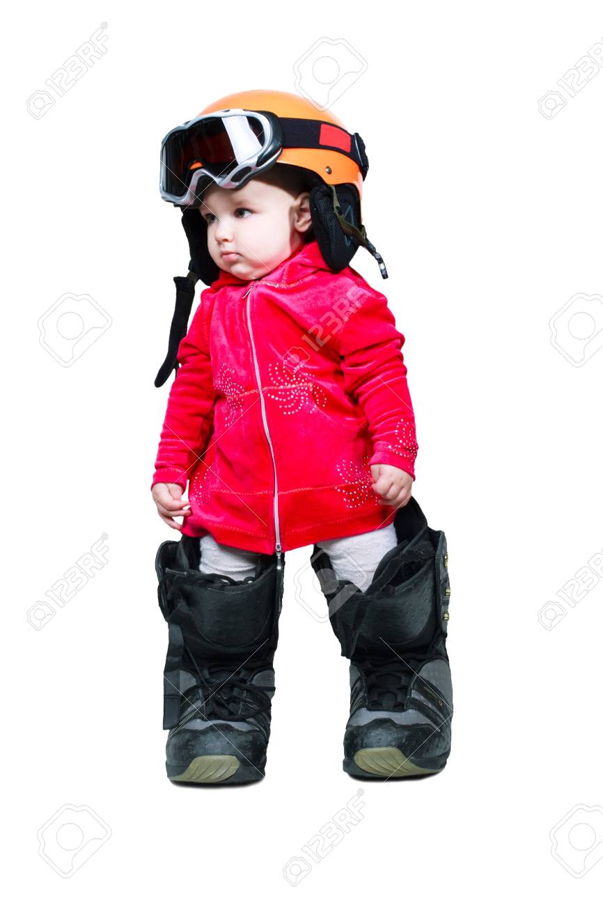 Bebe En Ropa De Snowboard En Una Mascara Y Botas Mira Hacia Fotos Retratos Imagenes Y Fotografia De Archivo Libres De Derecho Image