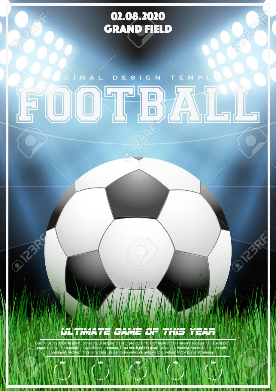 Modele D Affiche Avec Tournoi De Football Ballon De Football Sur L Herbe Et Le Stade De La Nuit Coupe Et Publicite De Trophee Annonce D Evenement Sportif Illustration Vectorielle Clip Art Libres De Droits