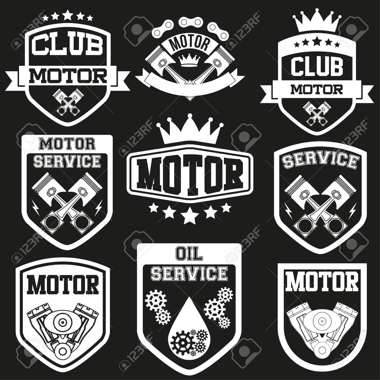 ビンテージ モーター クラブや車のサービスのセットに署名し ラベルを付けます 星とピストンを持つ盾 ドライバーやライダーのエンブレム 編集可能なベクター イラスト分離された背景に のイラスト素材 ベクタ Image