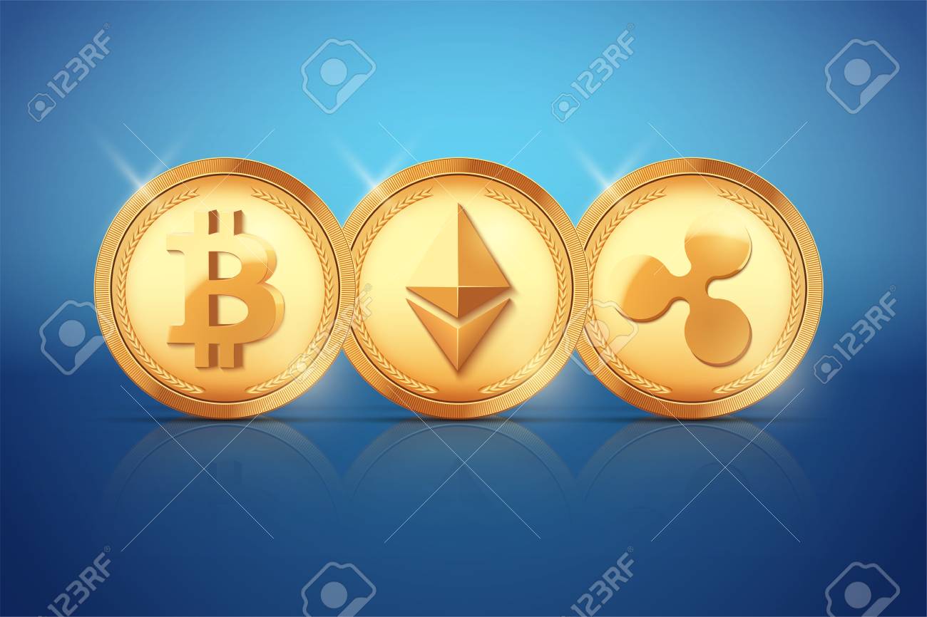 암호 화폐의 최고 동전. 비트 코인과 이더 리움과 리플. 파란색 배경에 금화입니다. 벡터 일러스트 레이 션 로열티 무료 사진, 그림,  이미지 그리고 스톡포토그래피. Image 97132039