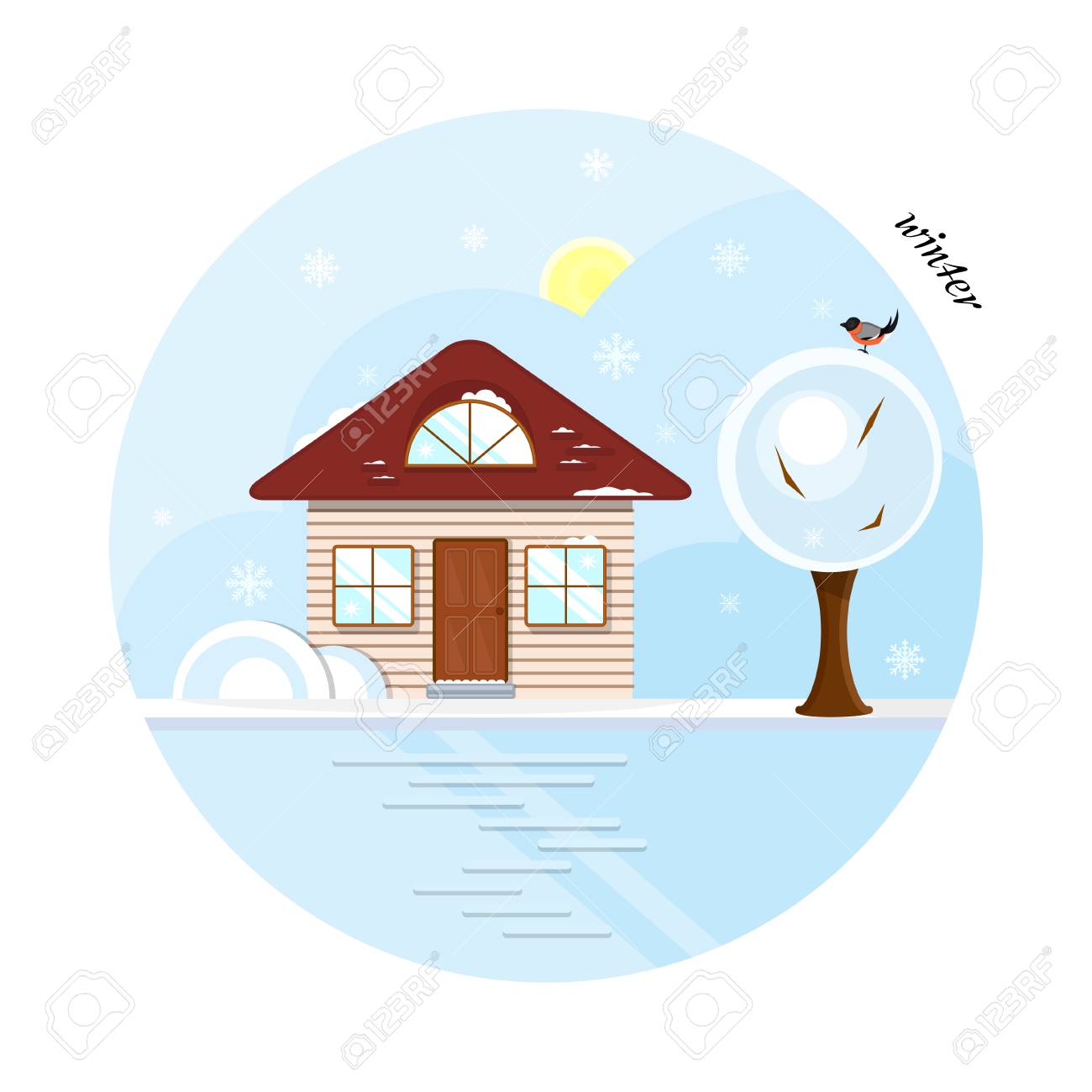 vector flat house in winter season a beige cottage with a dark