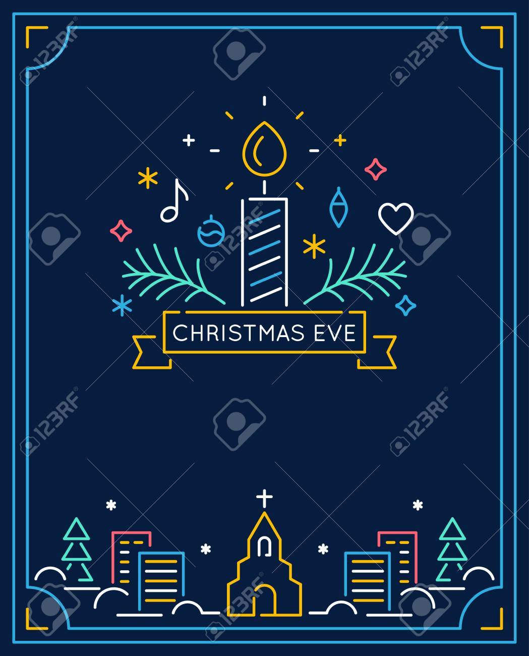 candle and ornaments winter town and church outline christmas