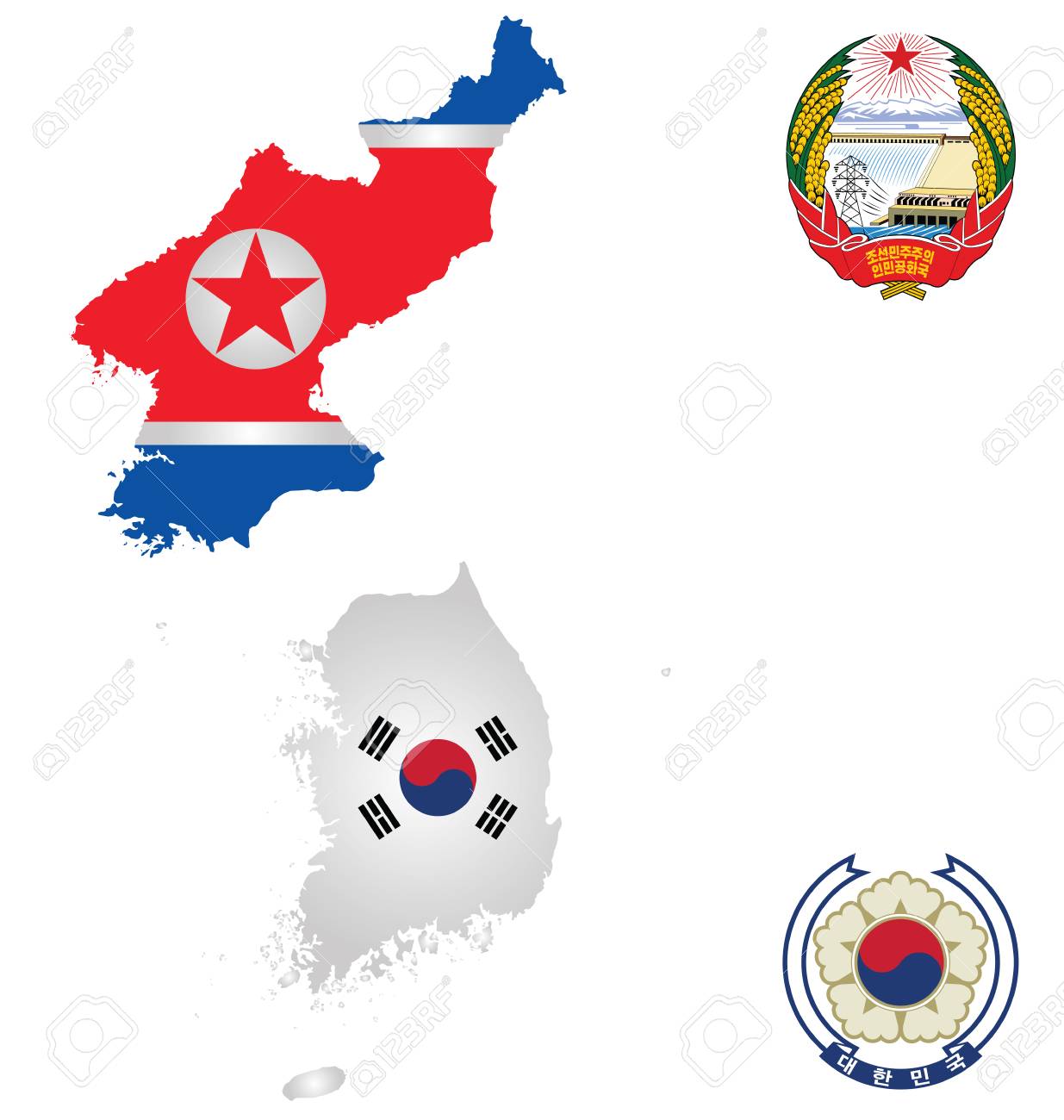 フラグと白い背景で隔離の詳細な概要地図に重ねて韓国と北朝鮮の国章のイラスト素材 ベクタ Image