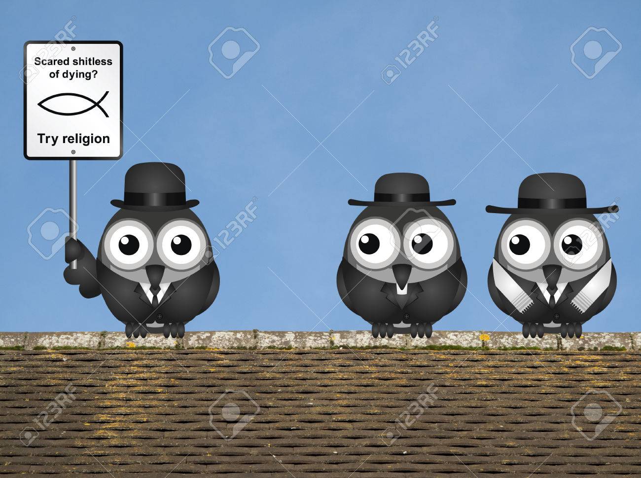 Comical Peur De La Vie Essayer Religion Signe Avec Athée Oiseau Et Vicaire Doiseaux Et Rabbi Perché Sur Un Toit Contre Un Ciel Bleu Clair