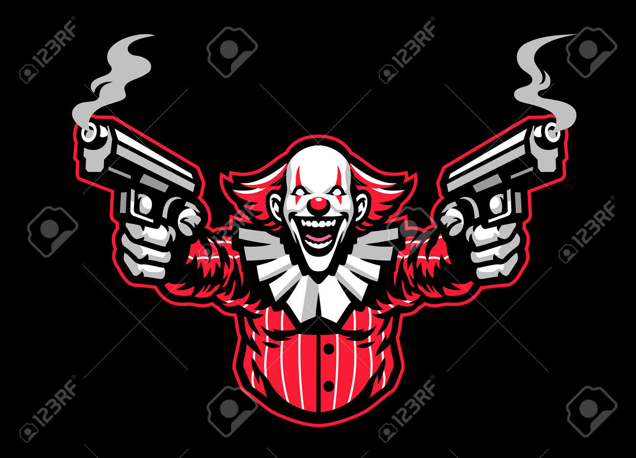 Scary look clown mascot character with the guns - 169099660 Scary look clown mascot character with the guns - 169099660