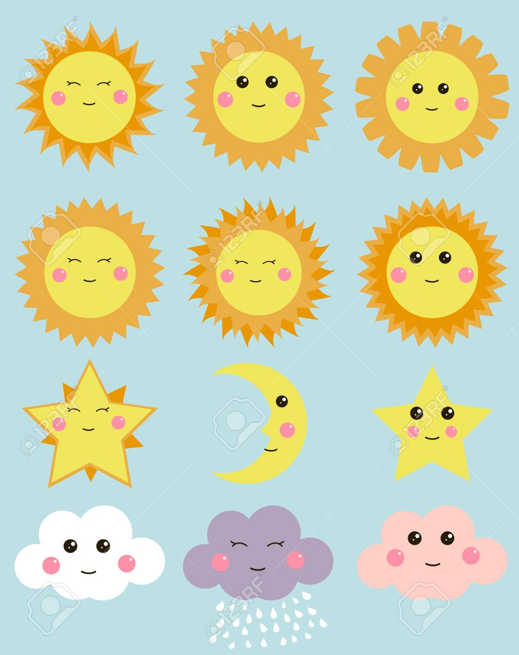 cute weather sun moon stars and clouds design elements for clouds design
