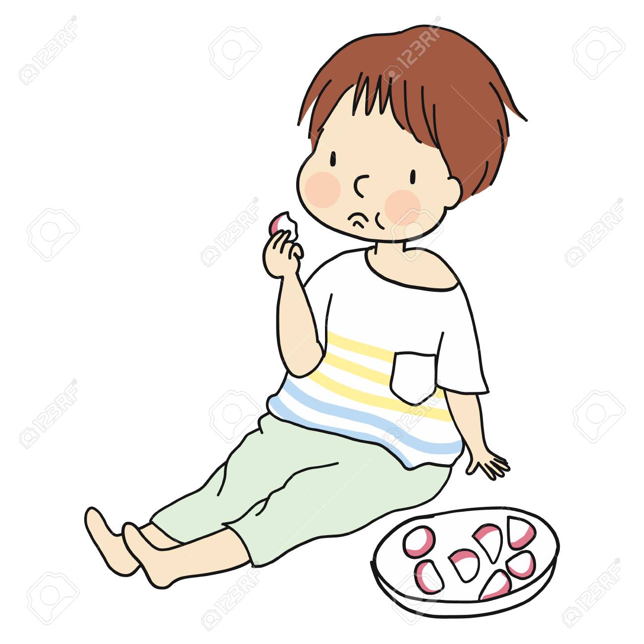 床に座って食べ物を食べる小さな子供のイラスト のイラスト素材 ベクタ Image