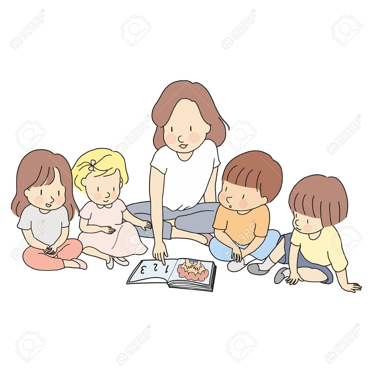 Vector Illustration Of Teacher \u0026 Little Students Reading Books Together.  Early Childhood Development, Learning \u0026 Education, Nursery, Kindergarten,  Elementary School Concept. Cartoon Character Drawing. Royalty Free SVG,  Cliparts, Vectors, and Stock ..., image size:1300x1300