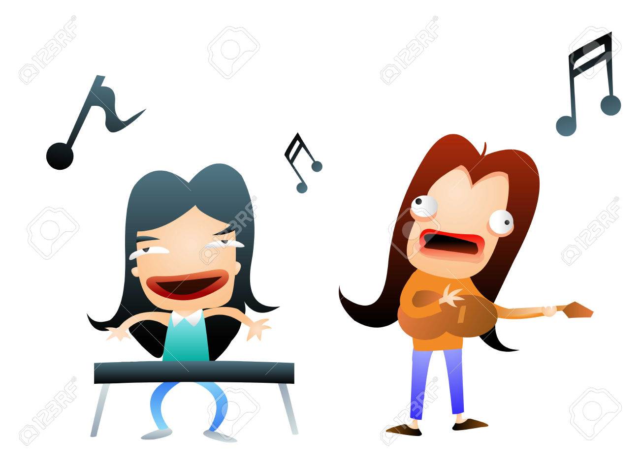 バンドで演奏する 2 人の女の子のイラスト素材 ベクタ Image