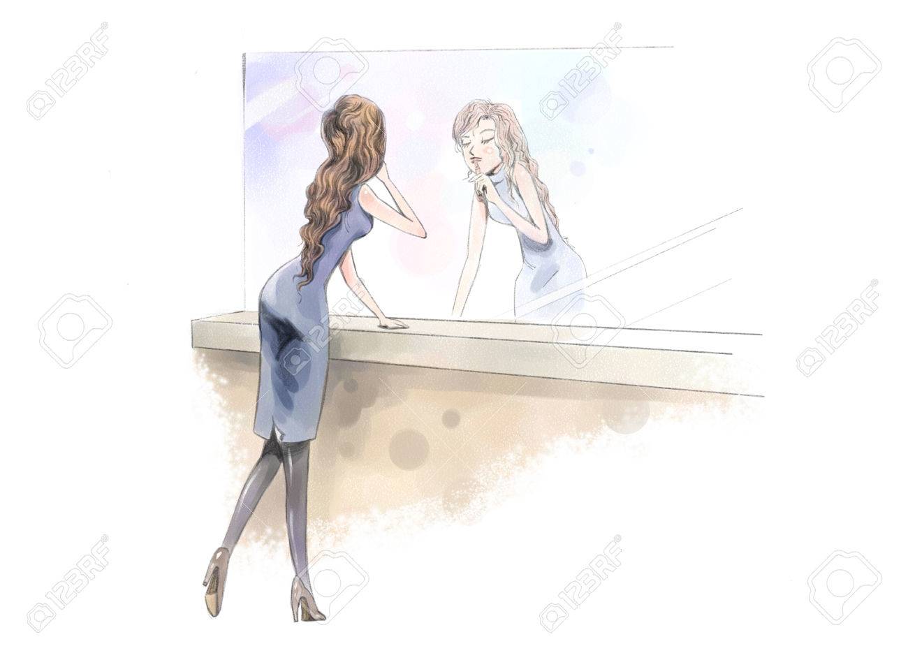 Vector Illustration Beautiful Girl Wearing A Lipstick In Front Of Mirror Royalty Free Svg Cliparts Vectors And Stock Illustration Image