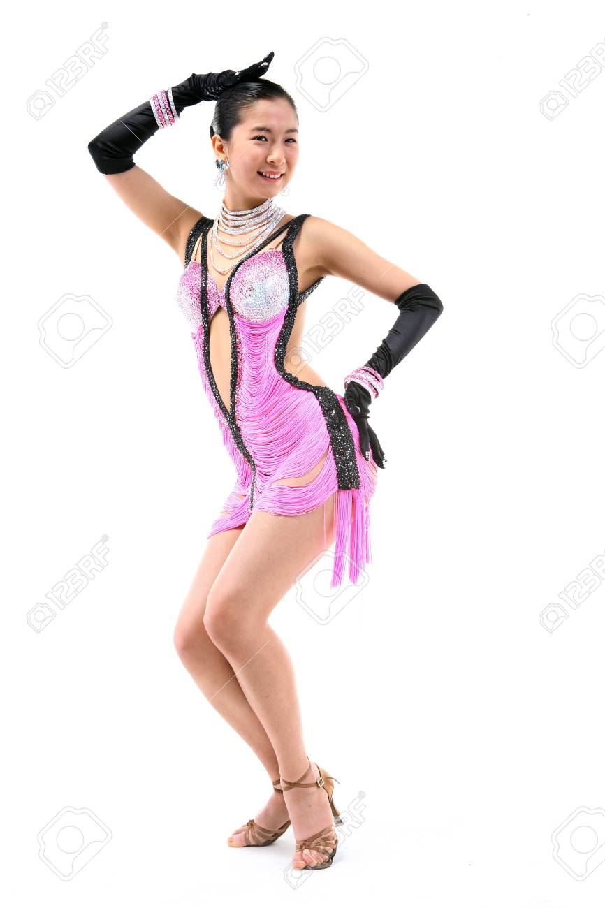 Asian Female Latin Dancer In Beautiful Dress Isolated On White