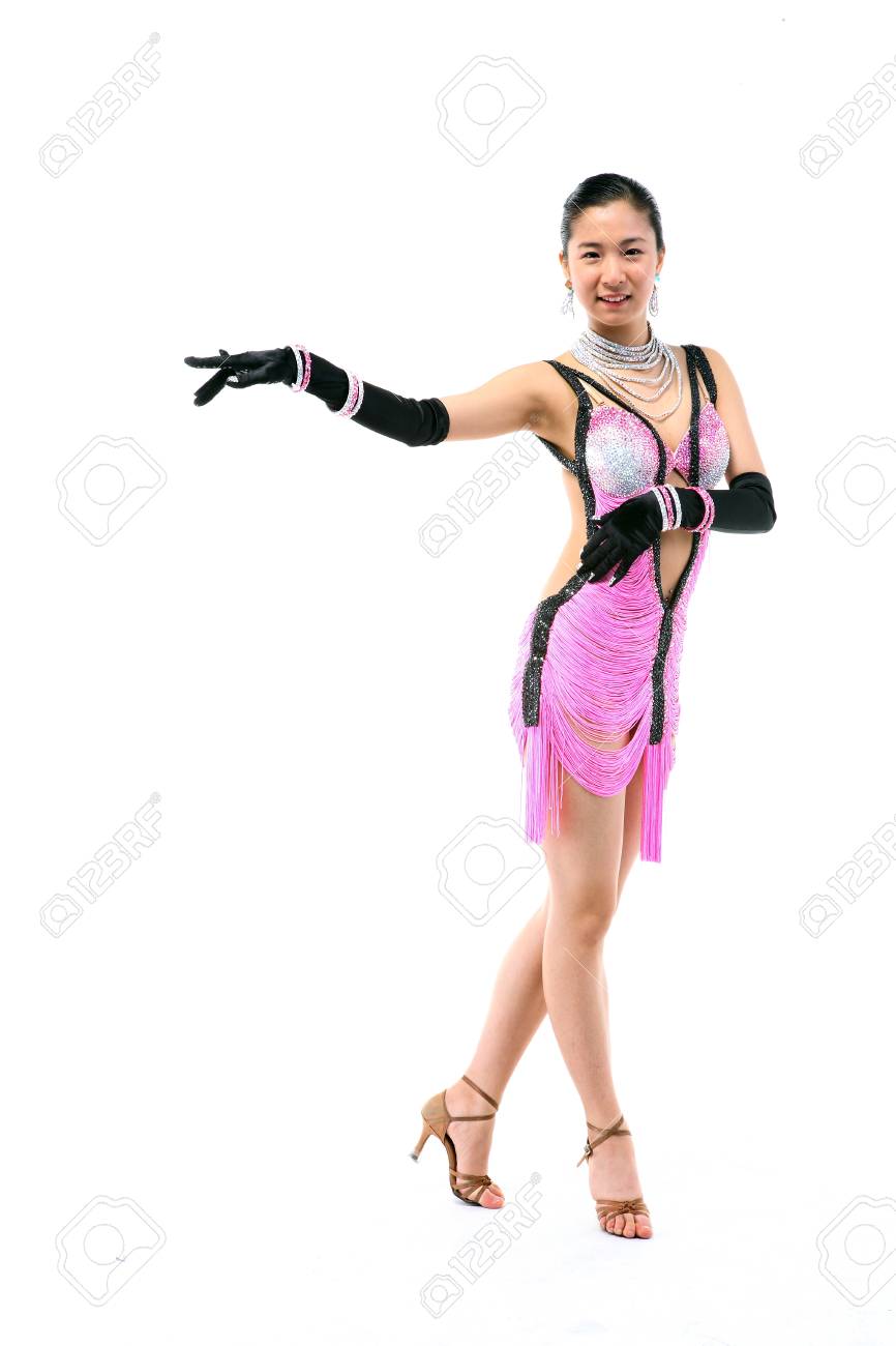 Asian Female Latin Dancer In Beautiful Dress Isolated On White