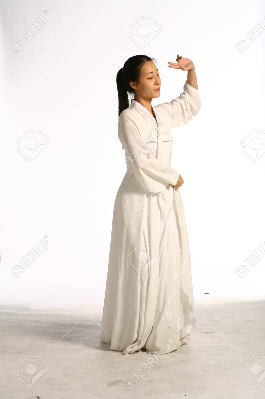 Beautiful Korean Female Dancer In Korean Traditional Clothing Hanbok Isolated On White Stock Photo Picture And Royalty Free Image Image