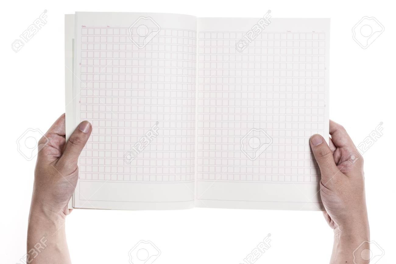 hand holding squared manuscript paper isolated on white free manuscript paper