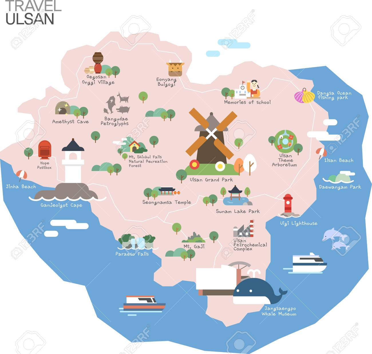 Map Of Korea Ulsan With Tour Attraction Royalty Free SVG, Cliparts,  Vectors, And Stock Illustration. Image 90298724.
