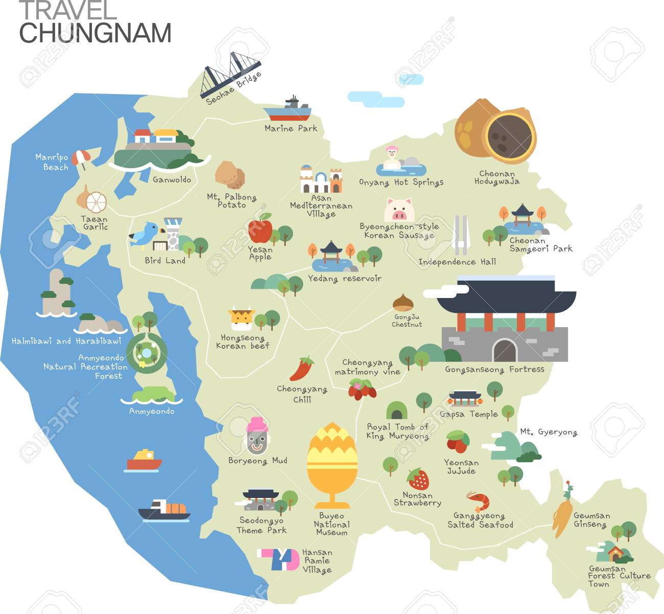 ツアーアトラクション付き韓国チョンチョンナムドの地図 のイラスト素材 ベクタ Image