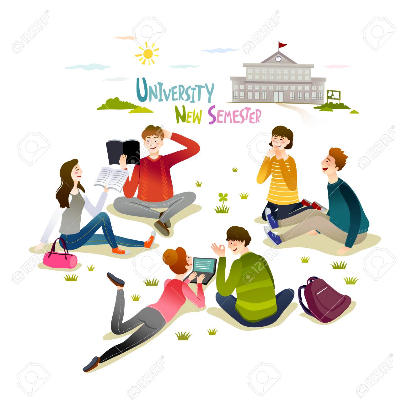 新学期を楽しむ学生のイラスト素材 ベクタ Image