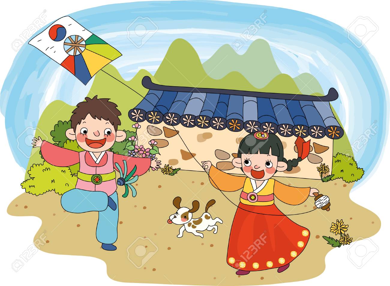 韓国の伝統衣装遊びの子供たち のイラスト素材 ベクタ Image