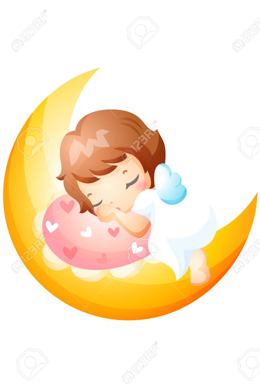 月に眠る天使衣装の女の子のイラスト素材 ベクタ Image