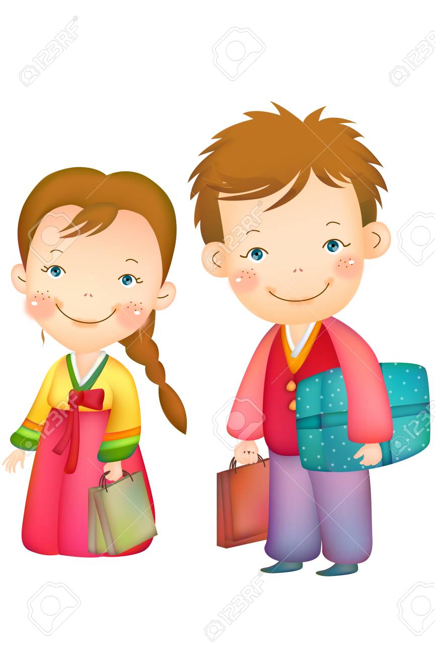 韓国の伝統的な服のカップルと贈り物 のイラスト素材 ベクタ Image