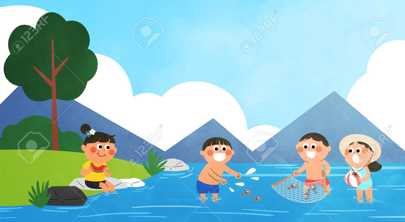 ベクター ビーチで子供たちと子供の夏休みのイラスト のイラスト素材 ベクタ Image