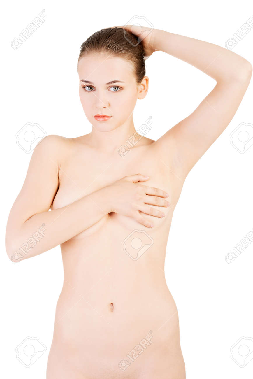 Sexy Mujer Desnuda Sosteniendo Sus Pechos Y Manteniendo El Brazo Por Detrás  Del Cuello. Aislado En Blanco. Fotos, retratos, imágenes y fotografía de  archivo libres de derecho. Image 23497023