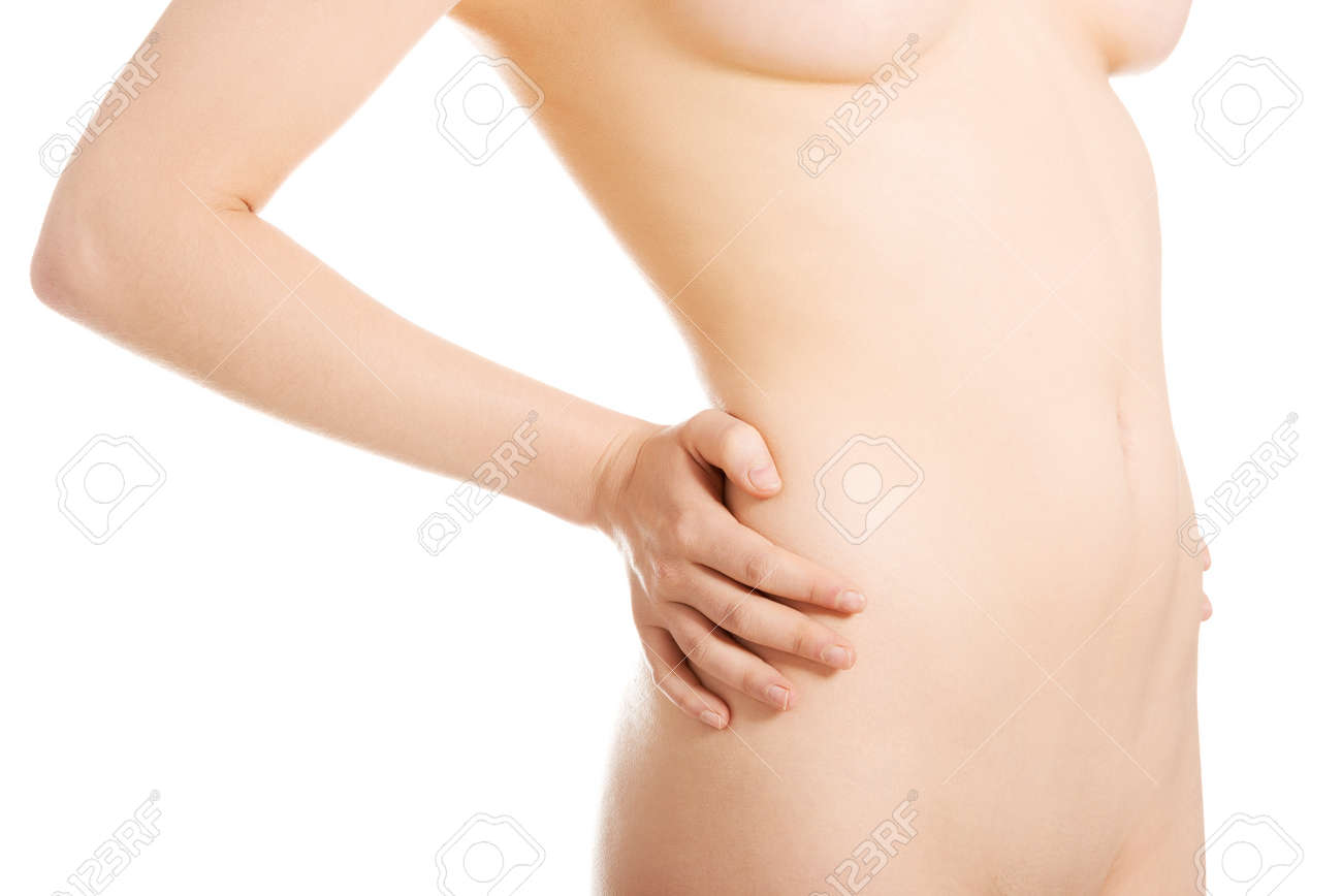 魅力的な裸の女性の体 横から見た図 胴体 腰に手します 白で隔離されます の写真素材 画像素材 Image