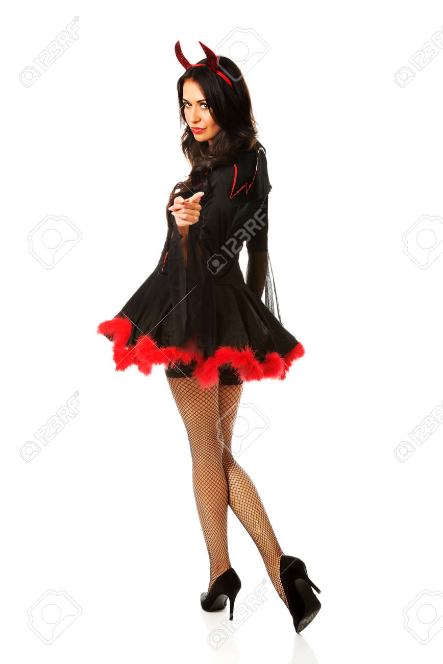 Diable Femme Se Tourne Vers La Camera Et Pointant Sur Vous Banque D Images Et Photos Libres De Droits Image