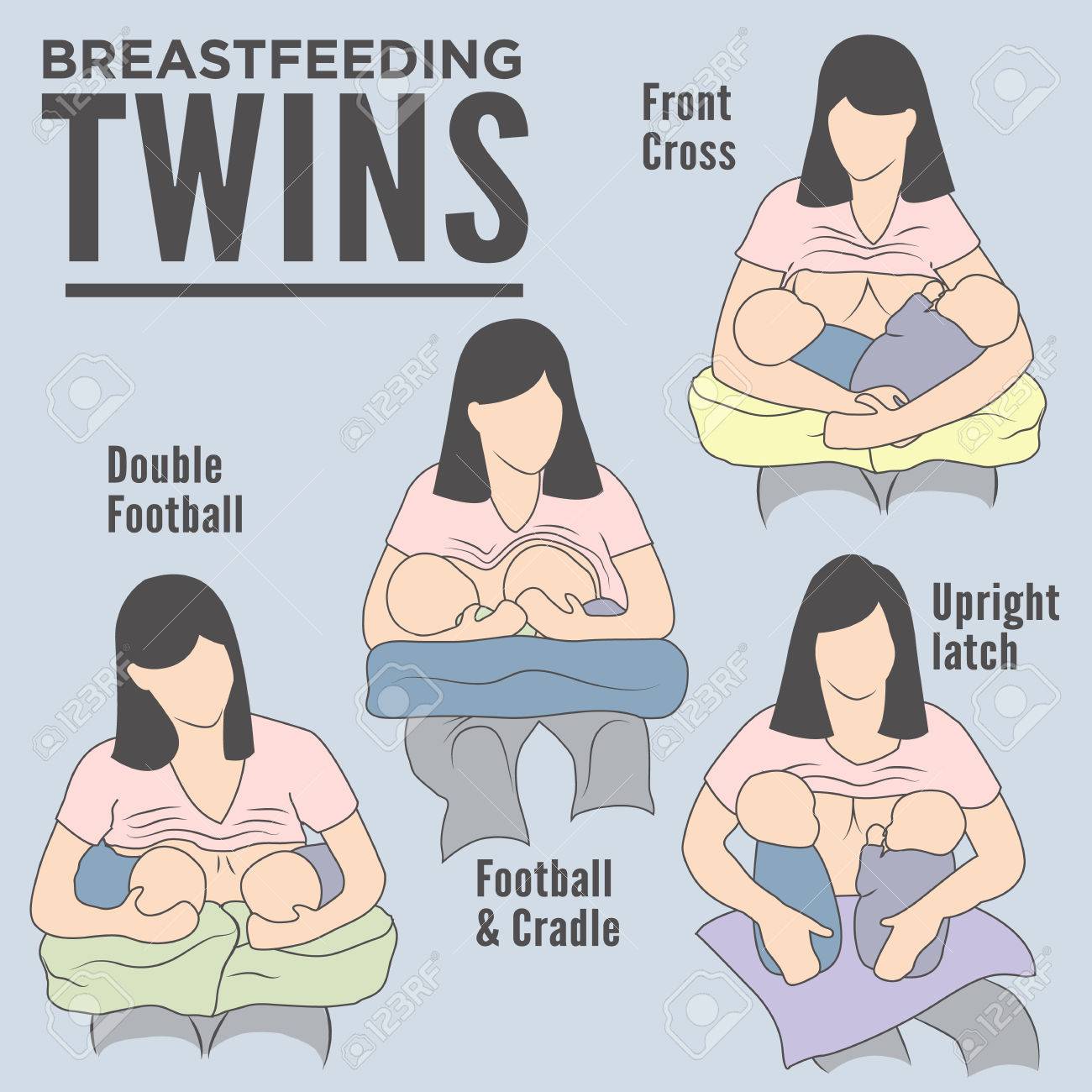 A Beautiful Mother Breastfeeding Her 2 Gorgeous Twins: Front Cross, Upright Latch, Football & Cradle, and Double Football Breastfeeding Poses. Great for Infographics & Hospital Information Pamphlets! - 54854562 A Beautiful Mother Breastfeeding Her 2 Gorgeous Twins: Front Cross, Upright Latch, Football & Cradle, and Double Football Breastfeeding Poses. Great for Infographics & Hospital Information Pamphlets! - 54854562