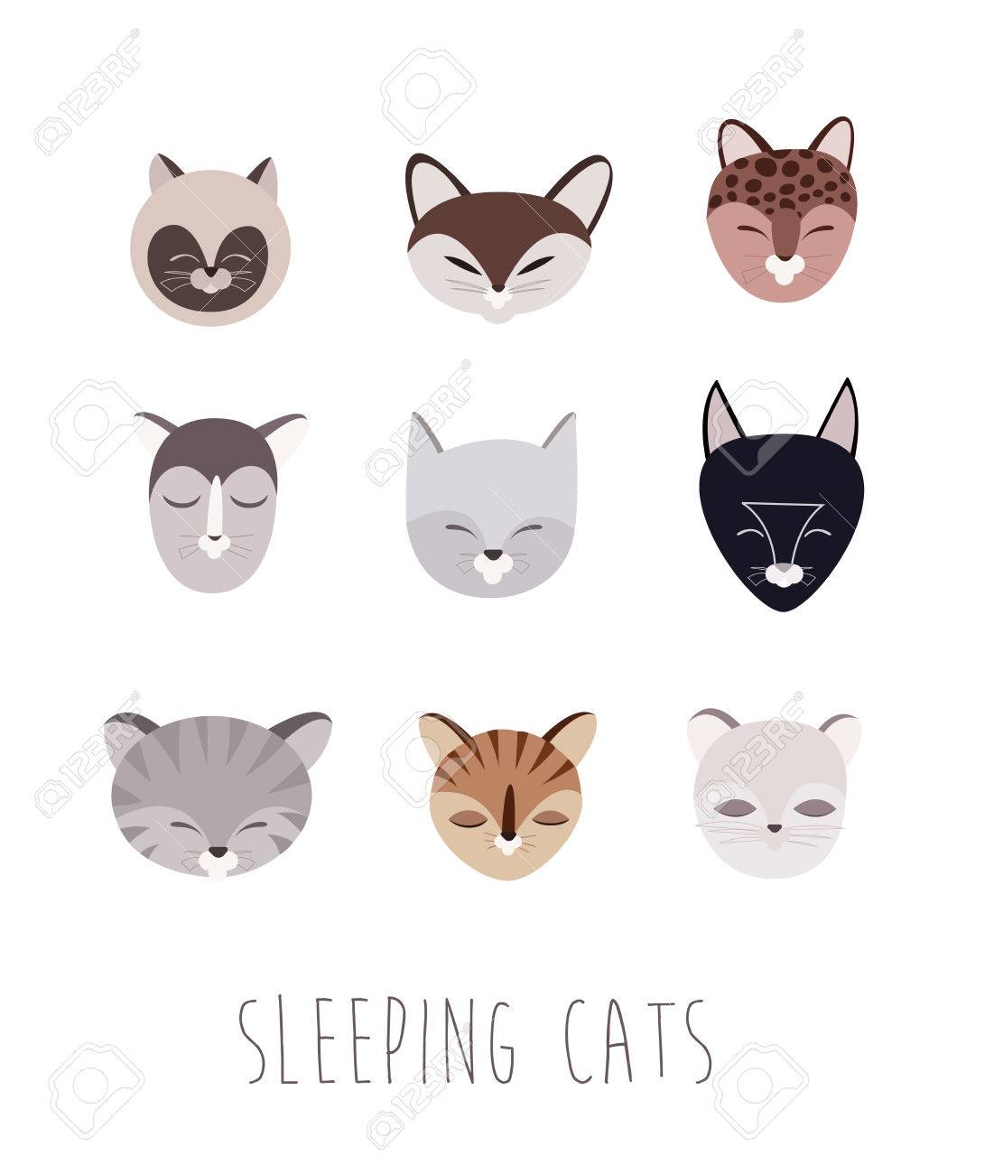 寝ている猫の頭のセットです フラット スタイルのイラスト のイラスト素材 ベクタ Image 寝ている猫の頭のセットです フラット スタイルのイラスト のイラスト素材 ベクタ Image