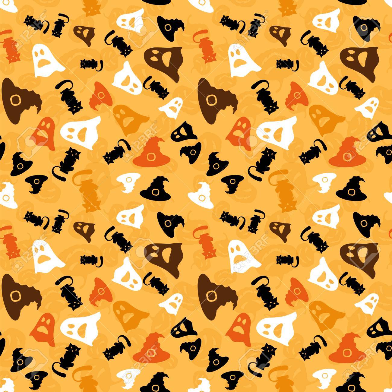 Vector Background Wallpaper With Ghost Witch Hat And Cat Patterned