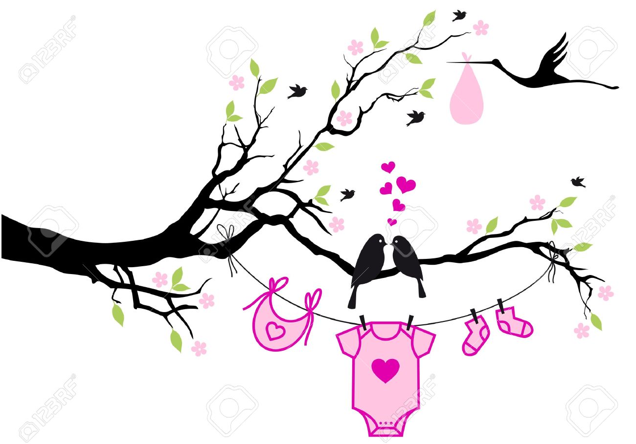Conception De Douche De Bebe Mignon Avec Des Oiseaux Sur L Arbre Vecteur De Fond Clip Art Libres De Droits Vecteurs Et Illustration Image