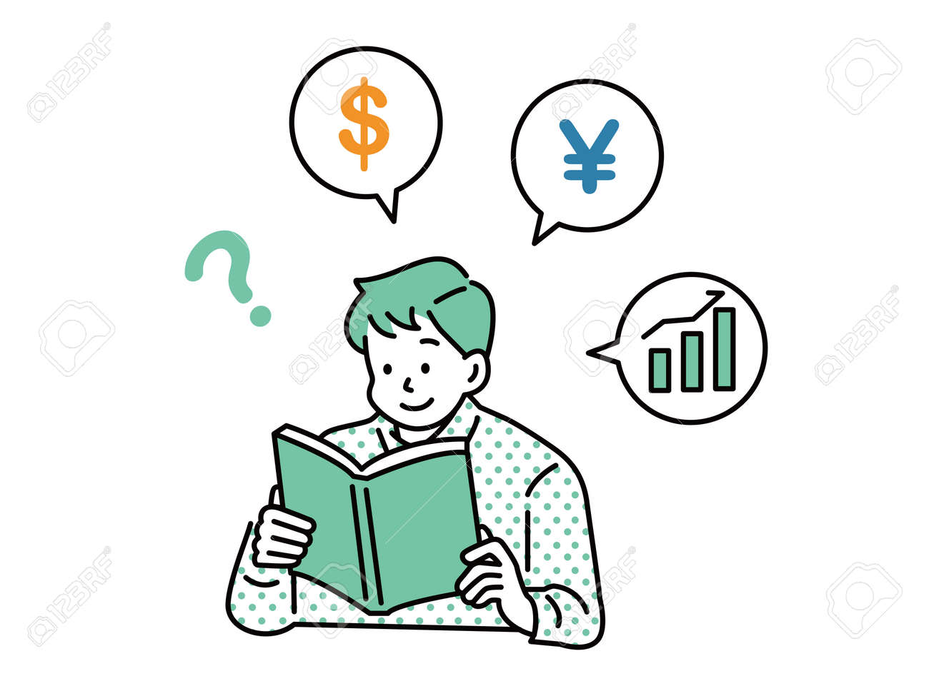 お金に関連するイラストを勉強します。税金、節税、株式、投資、貯蓄、資産、将来、FX、ビットコインのイラスト素材・ベクター Image 172326702