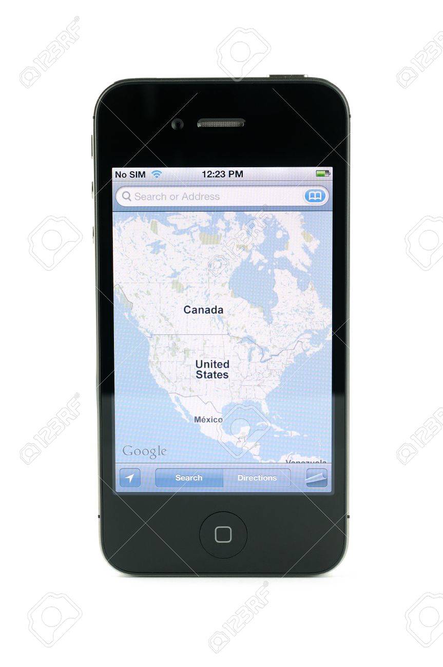 Apple の Iphone 4s と黒 アメリカの地図で白い背景で隔離 の写真素材 画像素材 Image