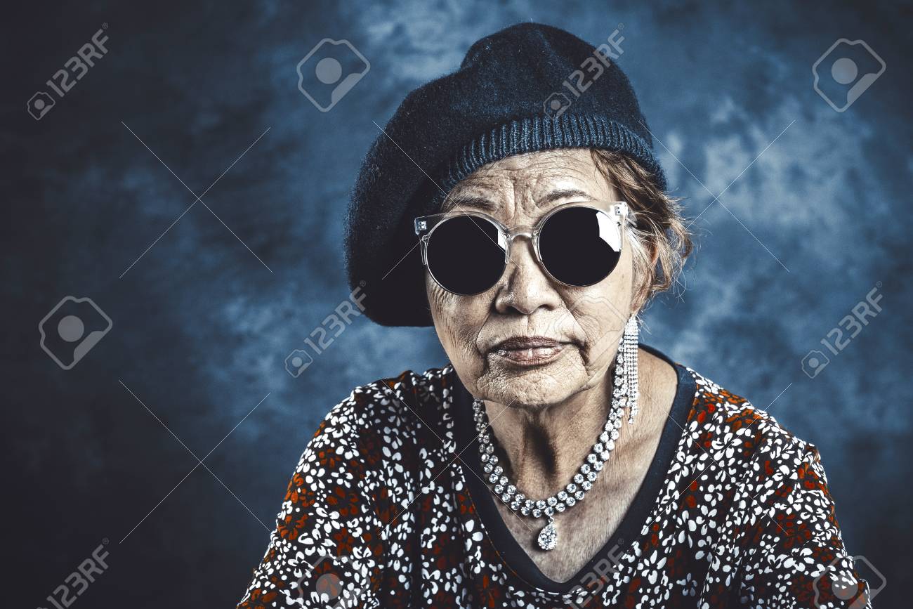 Asian Senior Woman Wearing Black Sunglasses Stock Photo, Picture 