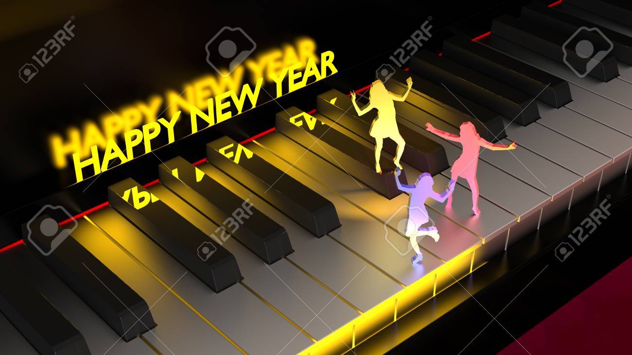 3 人の女性の背景 3 D イラストで輝く幸せな新年と別様に着色されたスポット ライトの下でピアノの鍵盤の上でダンス の写真素材 画像素材 Image